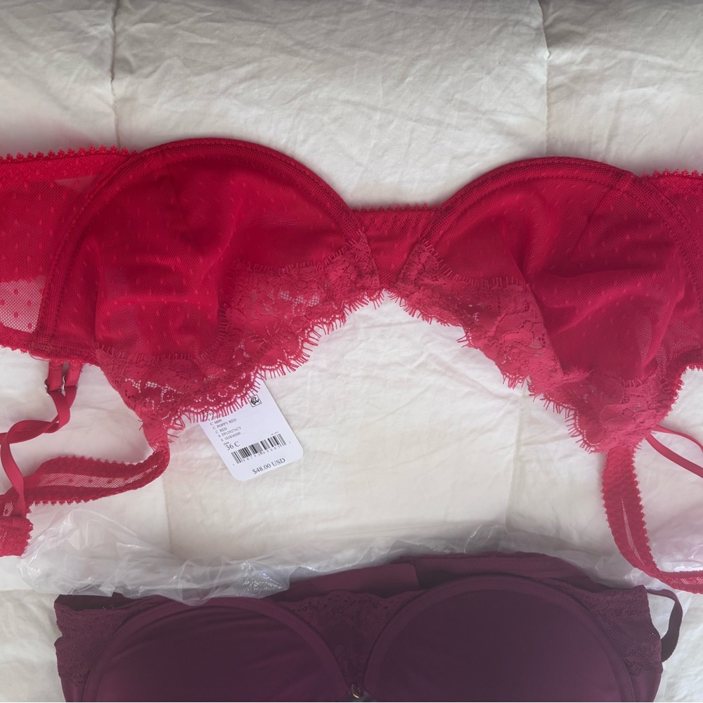 Natori Lace Trim Bra Set - Red and Blue - Picture 4 of 5